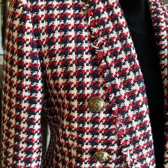 Balmain houndstooth red navy blazer jacket double breasted gold button sz 36 - Picture 4 of 12